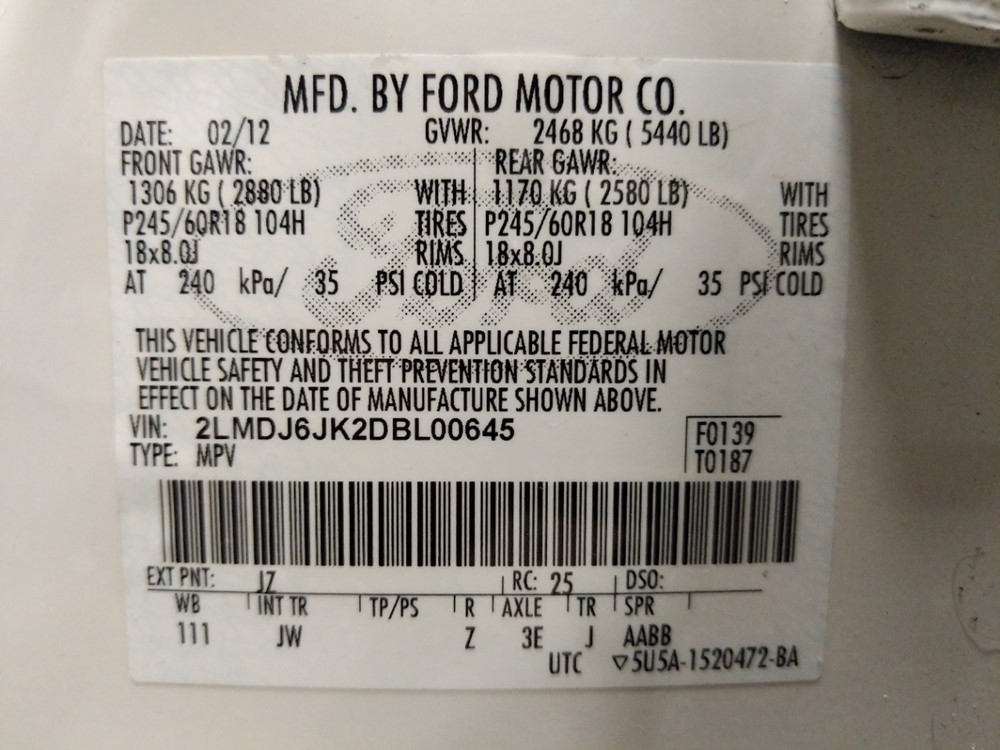 2013 Lincoln MKX - VIN Plate
