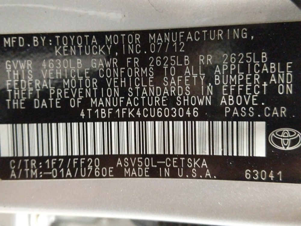 2012 Toyota Camry - VIN Plate