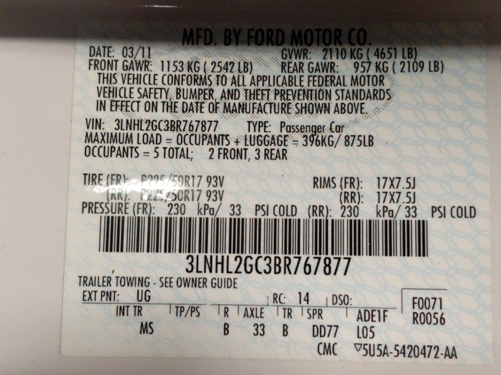 2011 Lincoln MKZ - VIN Plate