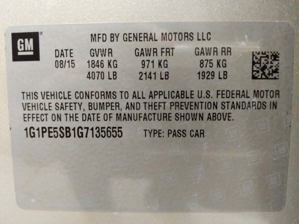 2016 Chevrolet Cruze - VIN Plate