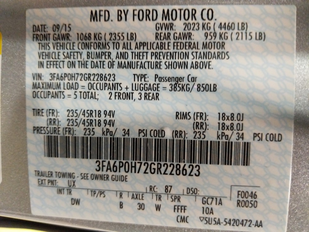 2016 Ford Fusion - VIN Plate