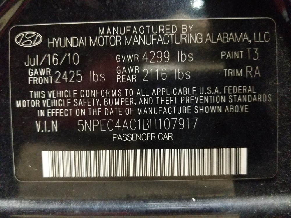 2011 Hyundai Sonata - VIN Plate