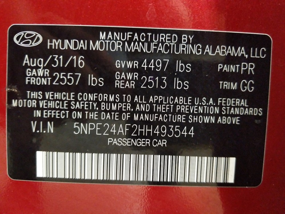 2017 Hyundai Sonata - VIN Plate