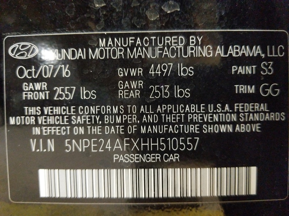2017 Hyundai Sonata - VIN Plate