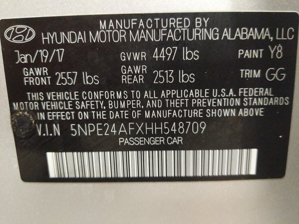 2017 Hyundai Sonata - VIN Plate