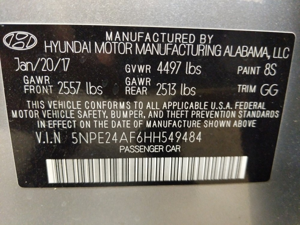 2017 Hyundai Sonata - VIN Plate