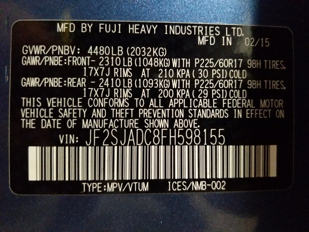 2015 Subaru Forester - VIN Plate