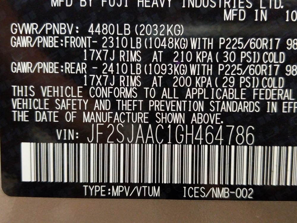 2016 Subaru Forester - VIN Plate