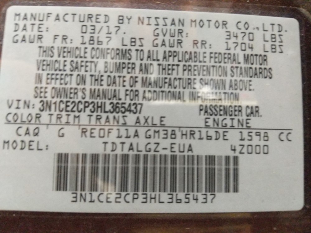 2017 Nissan Versa - VIN Plate
