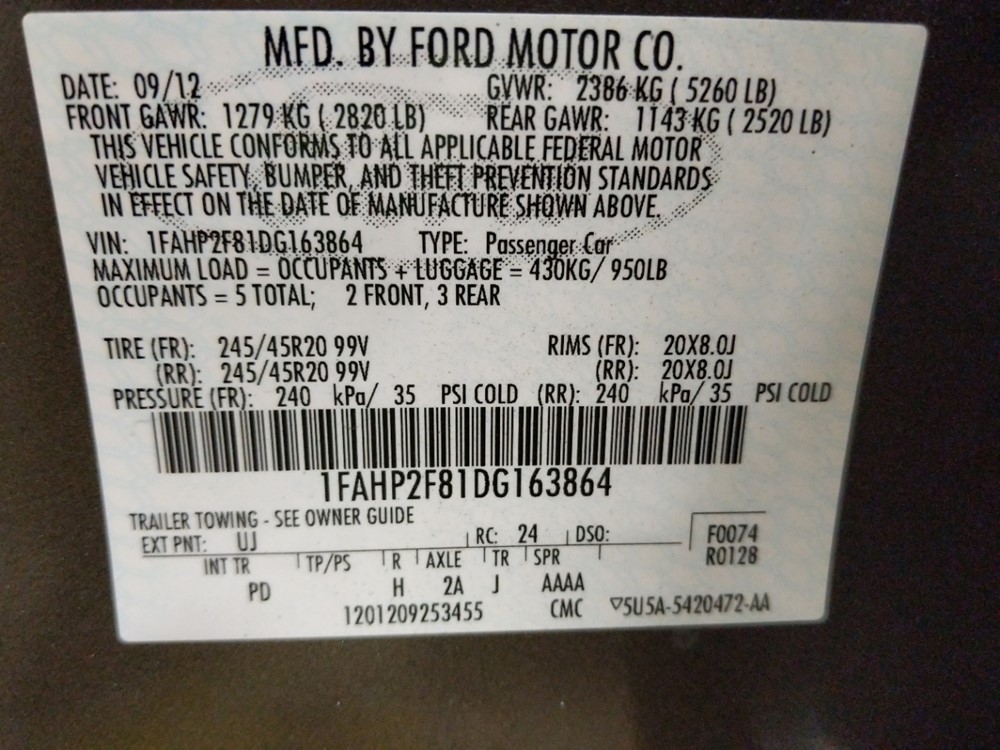 2013 Ford Taurus - VIN Plate