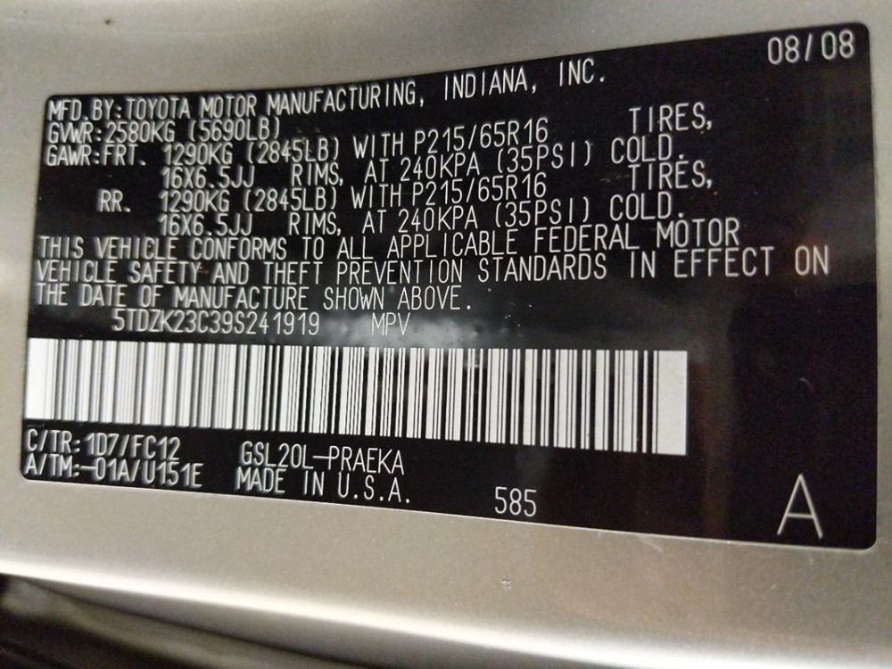 2009 Toyota Sienna - VIN Plate