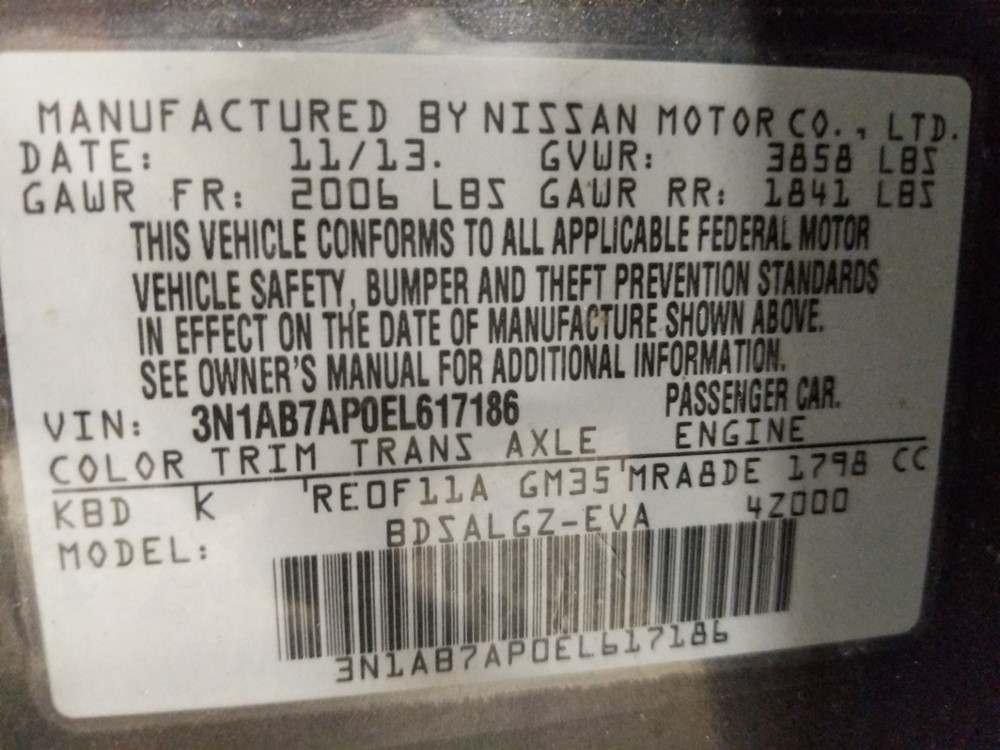 2014 Nissan Sentra - VIN Plate