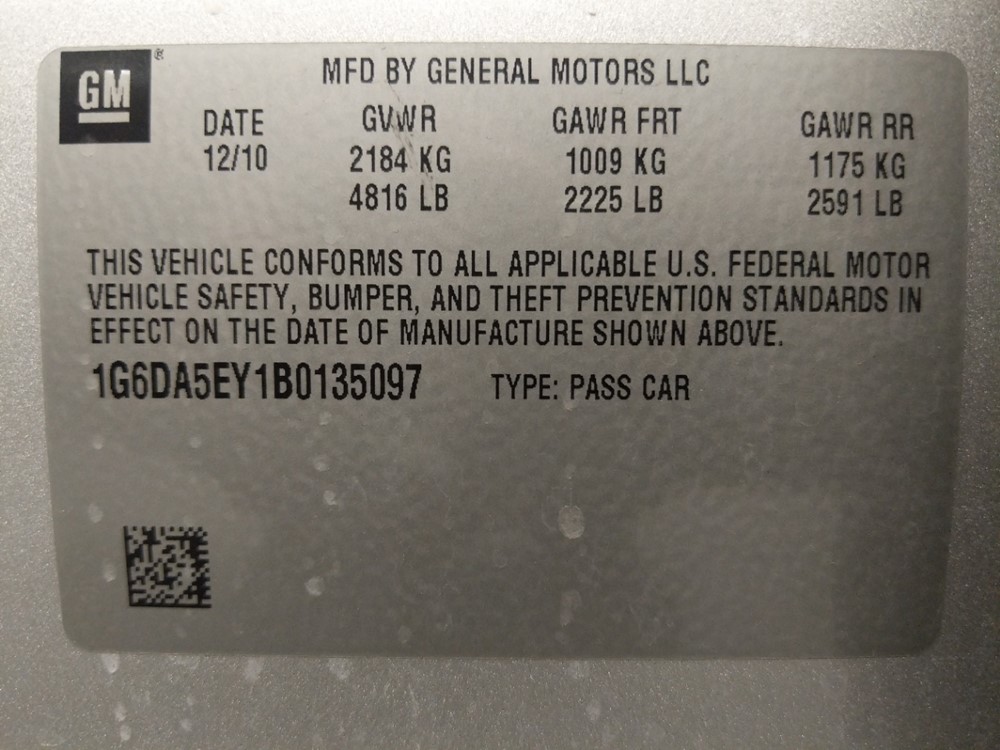 2011 Cadillac CTS - VIN Plate