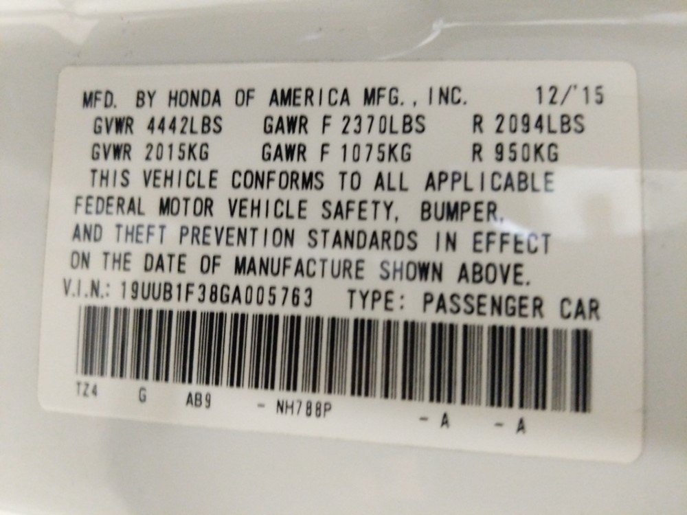 2016 Acura TLX - VIN Plate