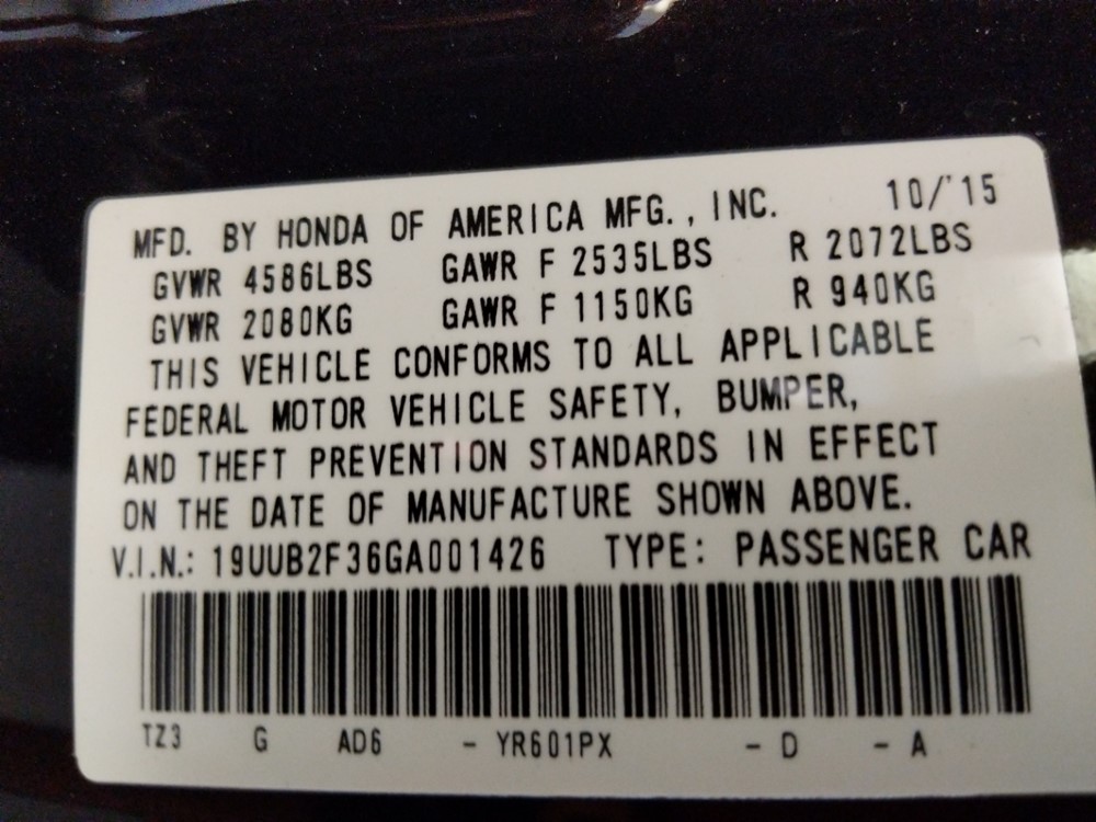 2016 Acura TLX - VIN Plate