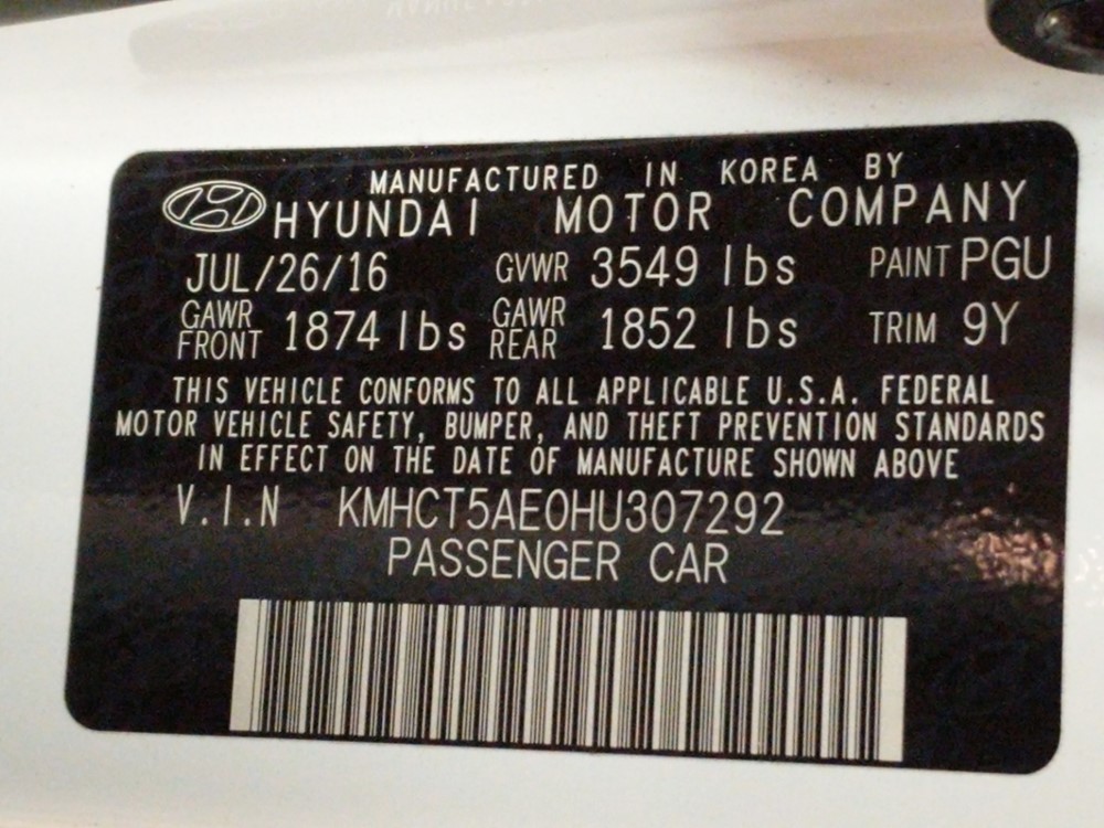 2017 Hyundai Accent - VIN Plate
