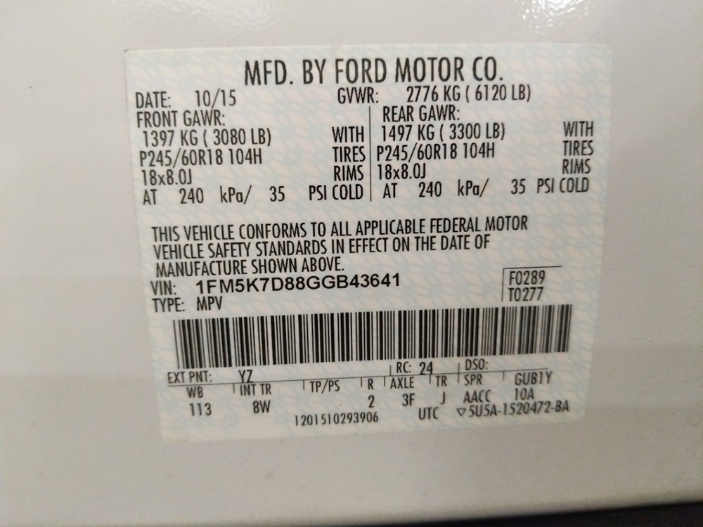 2016 Ford Explorer - VIN Plate