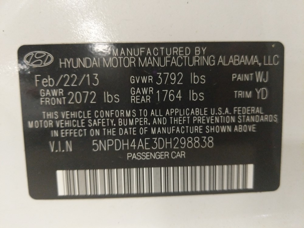 2013 Hyundai Elantra - VIN Plate