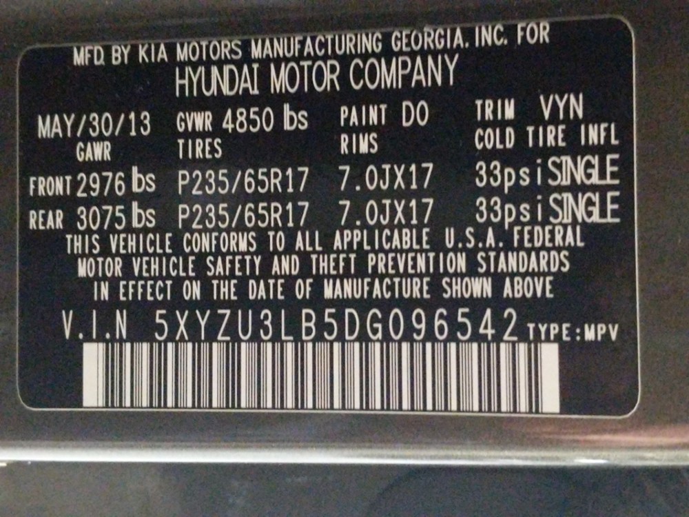 2013 Hyundai Santa Fe - VIN Plate