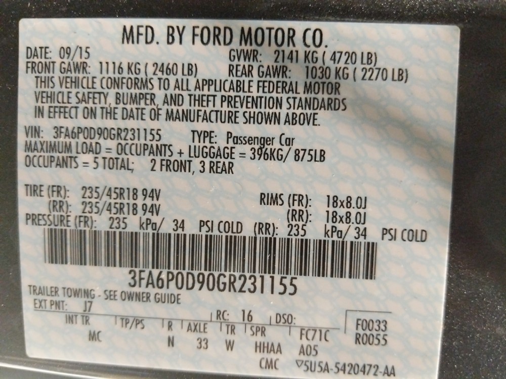 2016 Ford Fusion - VIN Plate