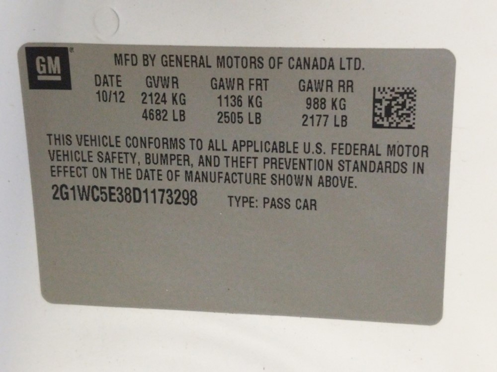 2013 Chevrolet Impala - VIN Plate