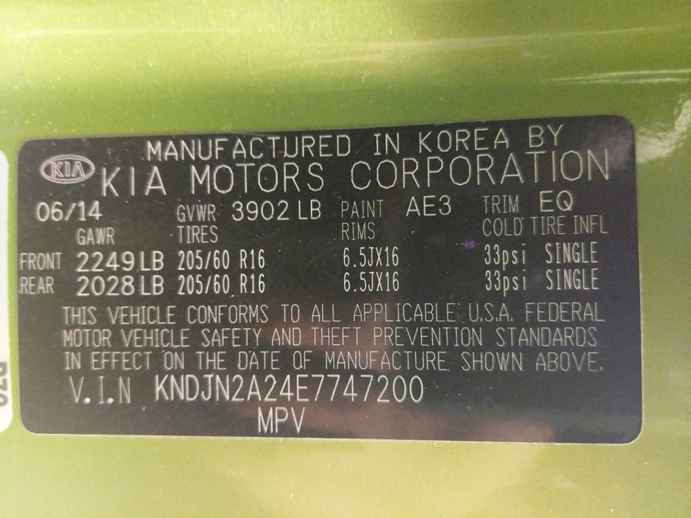 2014 Kia Soul - VIN Plate