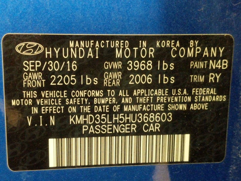 2017 Hyundai Elantra - VIN Plate