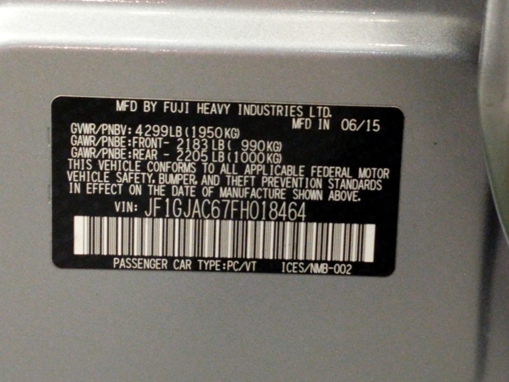 2015 Subaru Impreza - VIN Plate