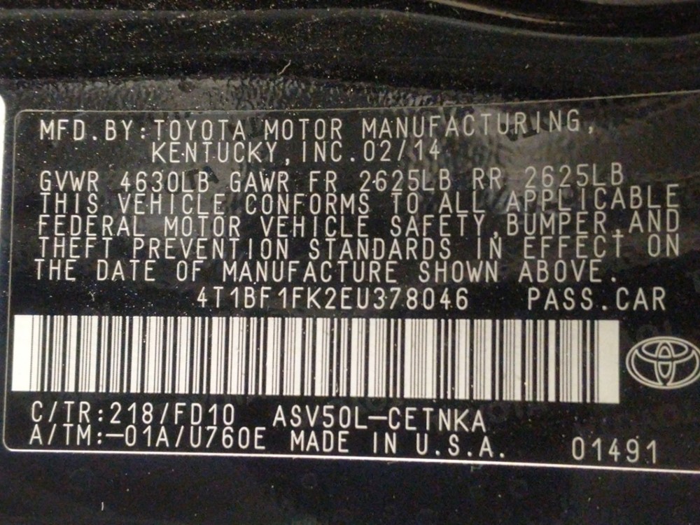 2014 Toyota Camry - VIN Plate