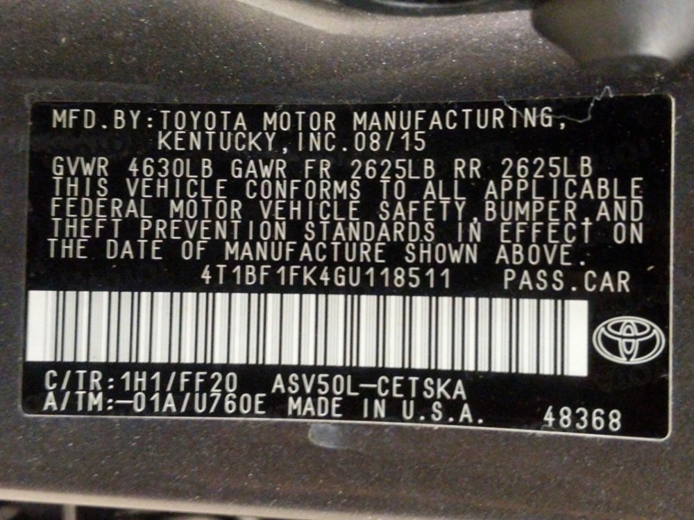 2016 Toyota Camry - VIN Plate