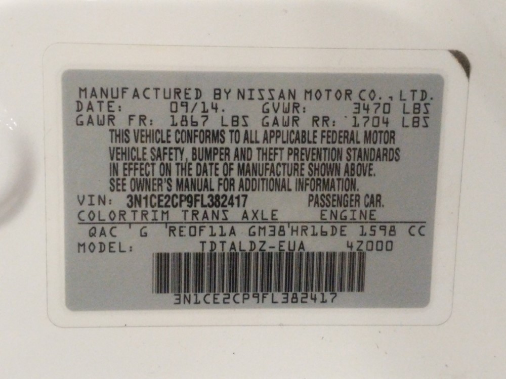 2015 Nissan Versa - VIN Plate