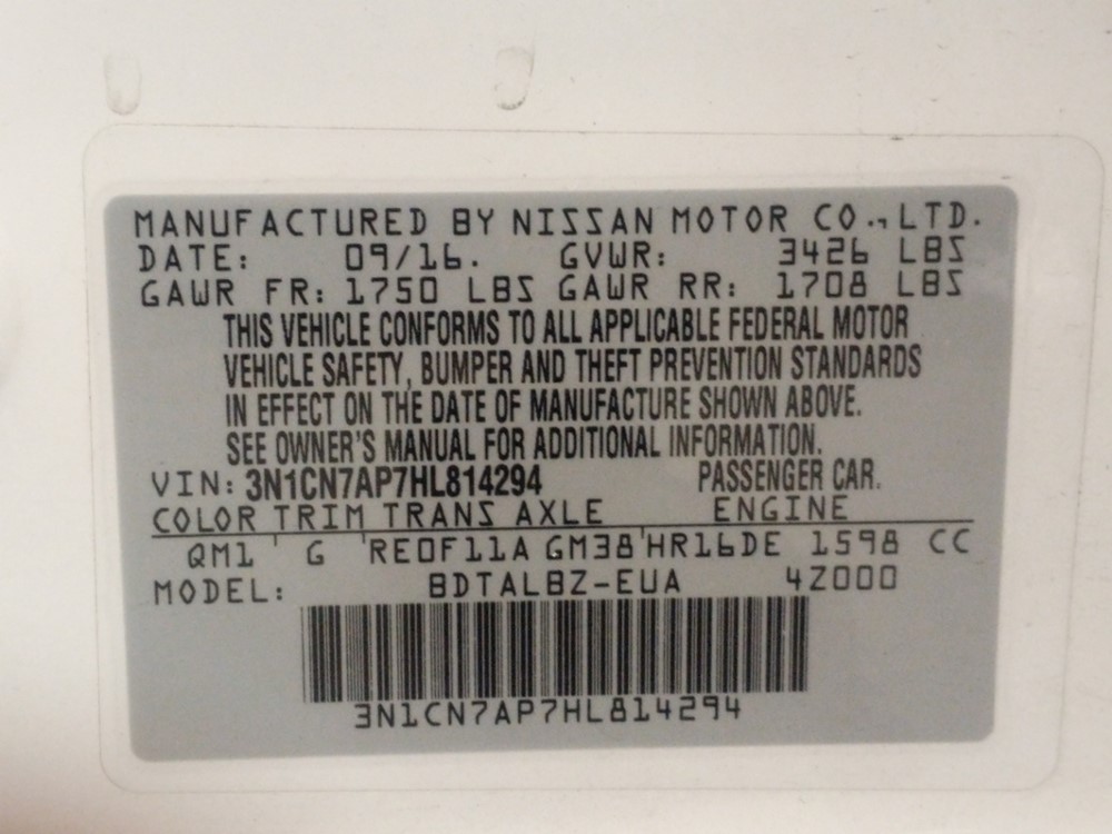 2017 Nissan Versa - VIN Plate