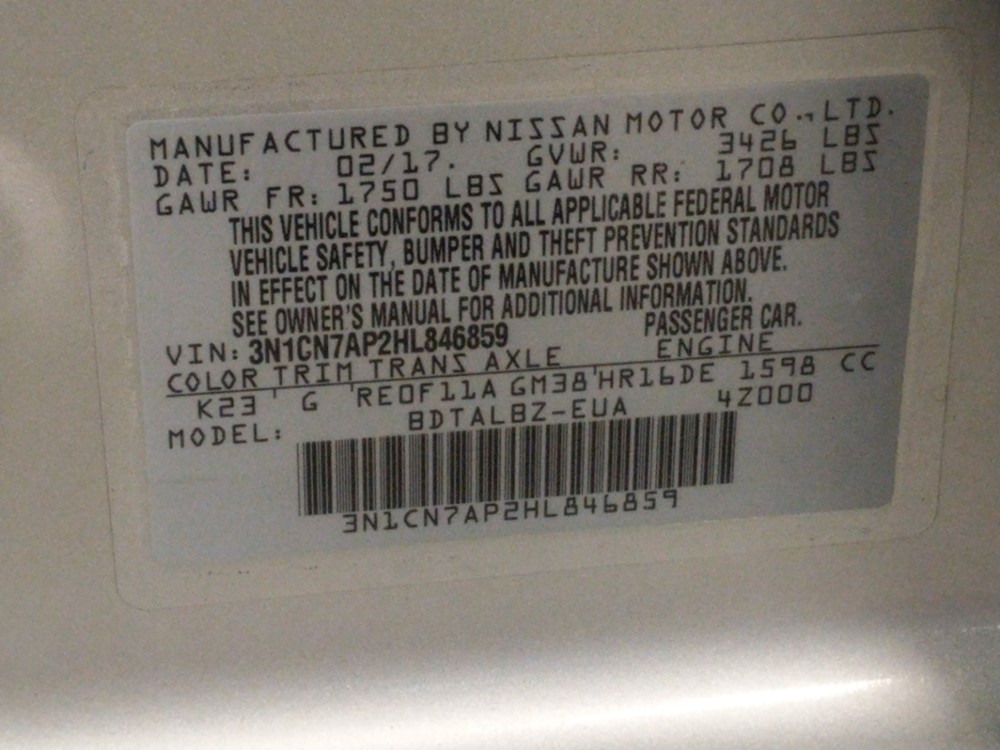 2017 Nissan Versa - VIN Plate