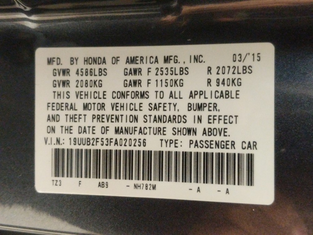2015 Acura TLX - VIN Plate