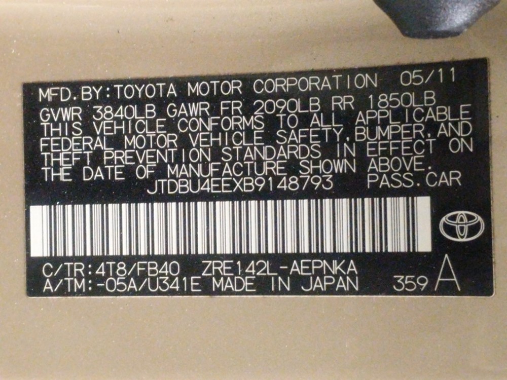 2011 Toyota Corolla - VIN Plate
