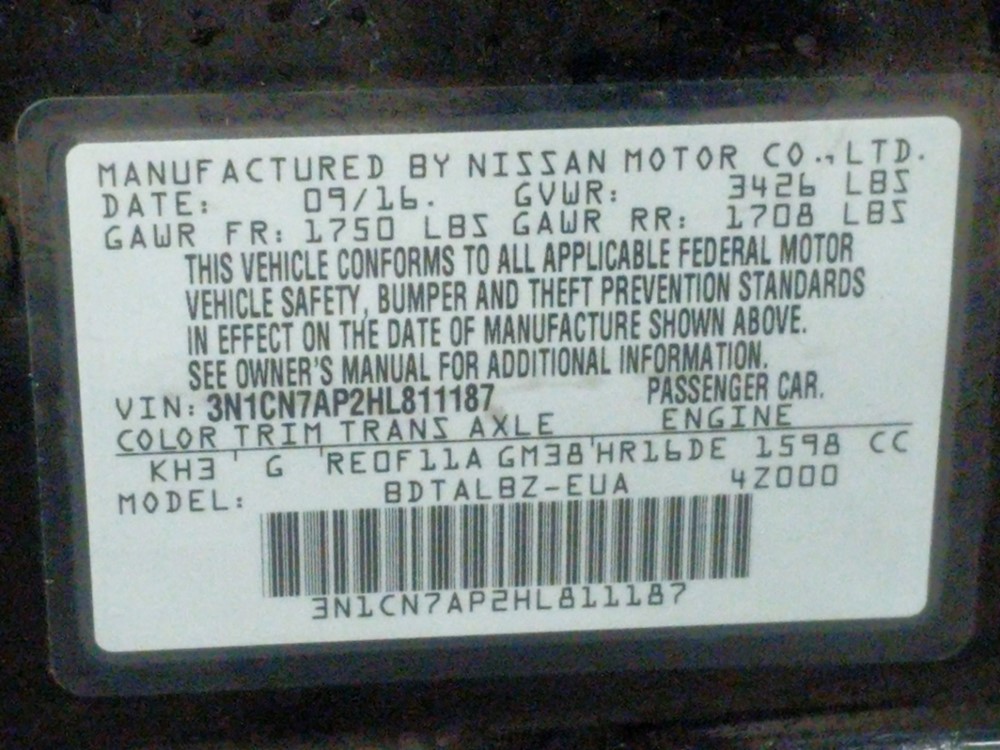 2017 Nissan Versa - VIN Plate