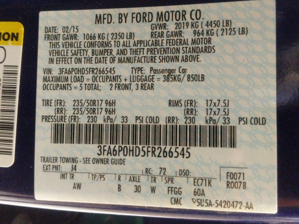 2015 Ford Fusion - VIN Plate
