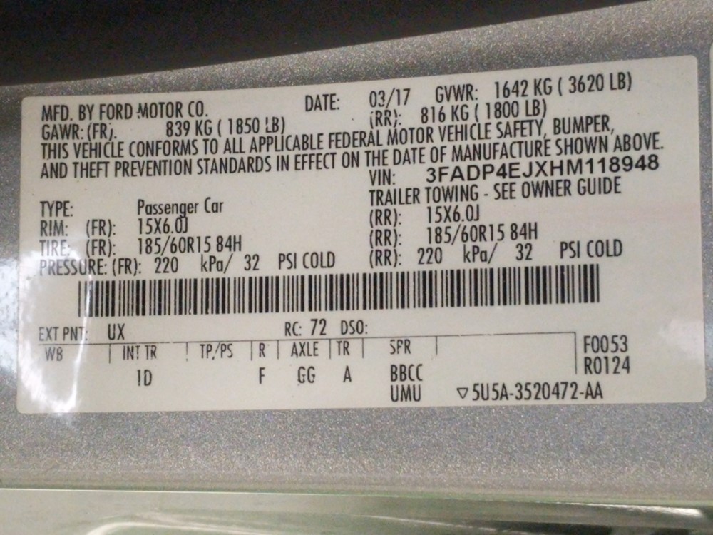 2017 Ford Fiesta - VIN Plate