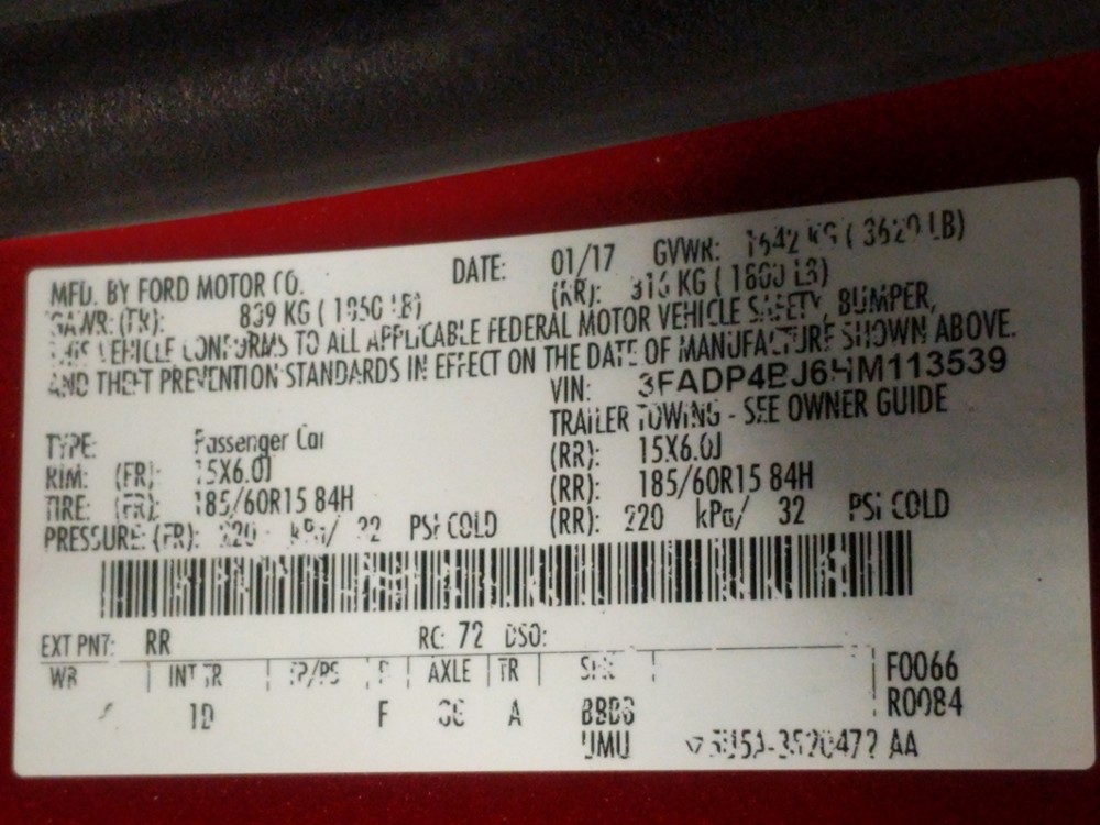 2017 Ford Fiesta - VIN Plate
