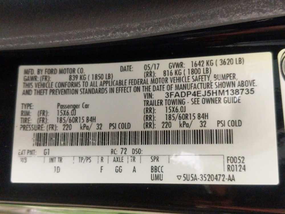 2017 Ford Fiesta - VIN Plate
