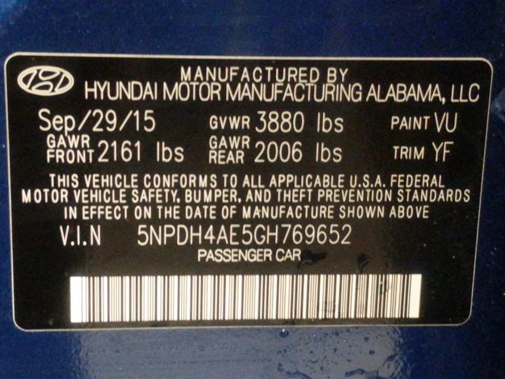 2016 Hyundai Elantra - VIN Plate