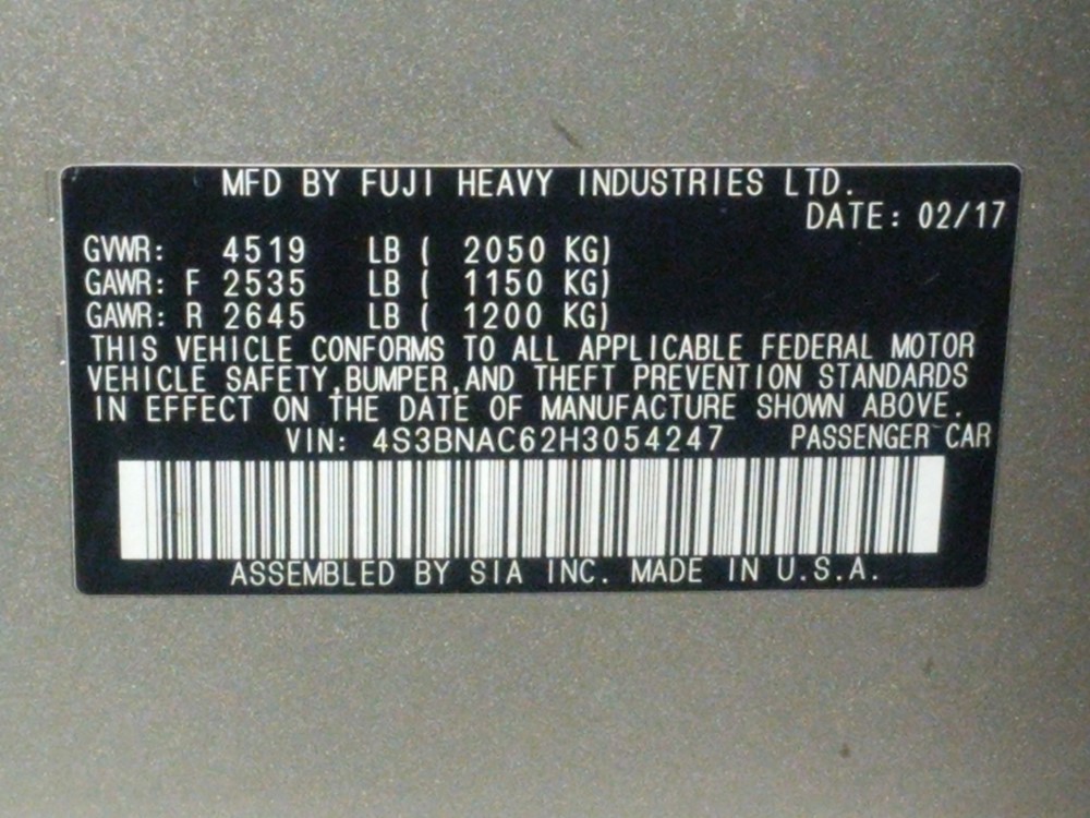 2017 Subaru Legacy - VIN Plate