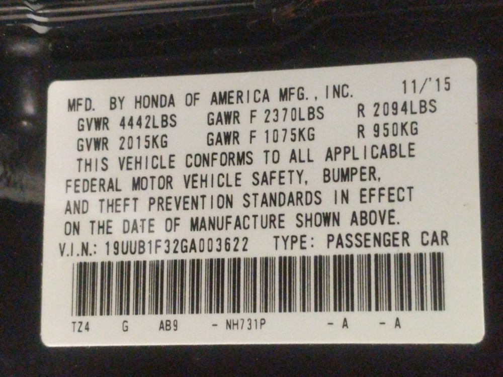 2016 Acura TLX - VIN Plate