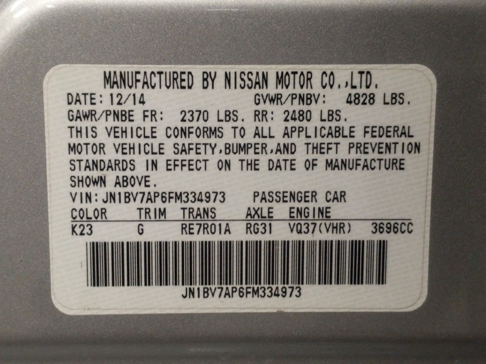 2015 INFINITI Q50 - VIN Plate