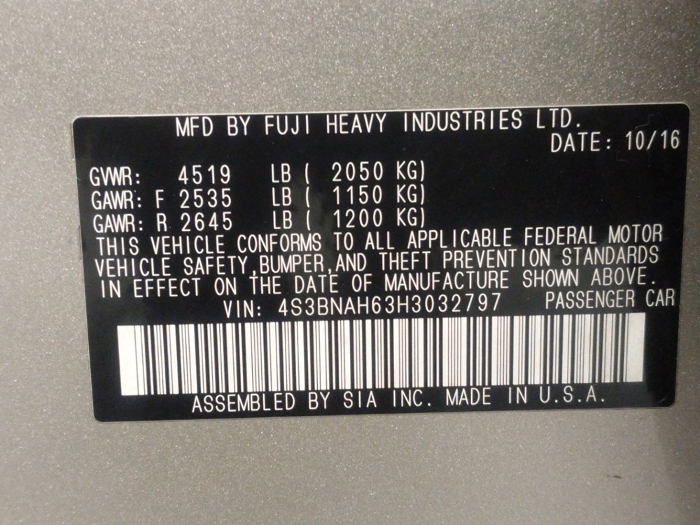 2017 Subaru Legacy - VIN Plate
