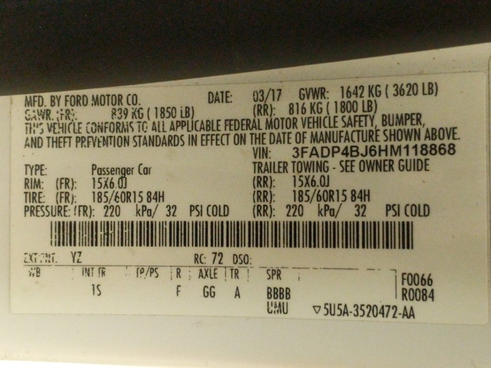 2017 Ford Fiesta - VIN Plate