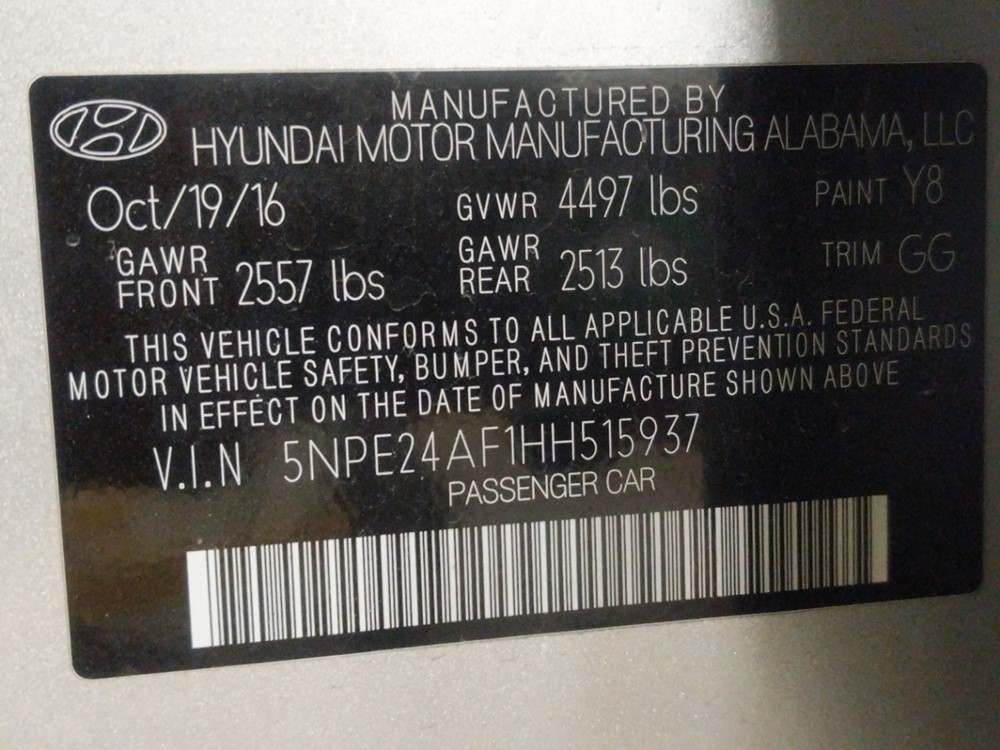 2017 Hyundai Sonata - VIN Plate