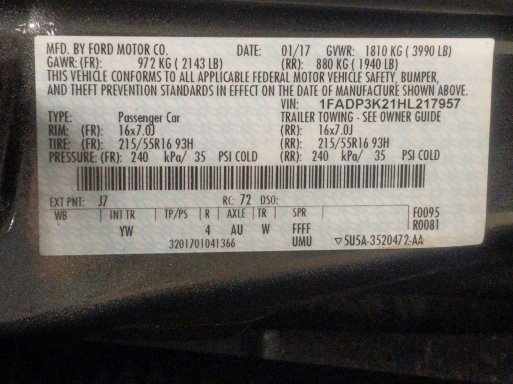 2017 Ford Focus - VIN Plate