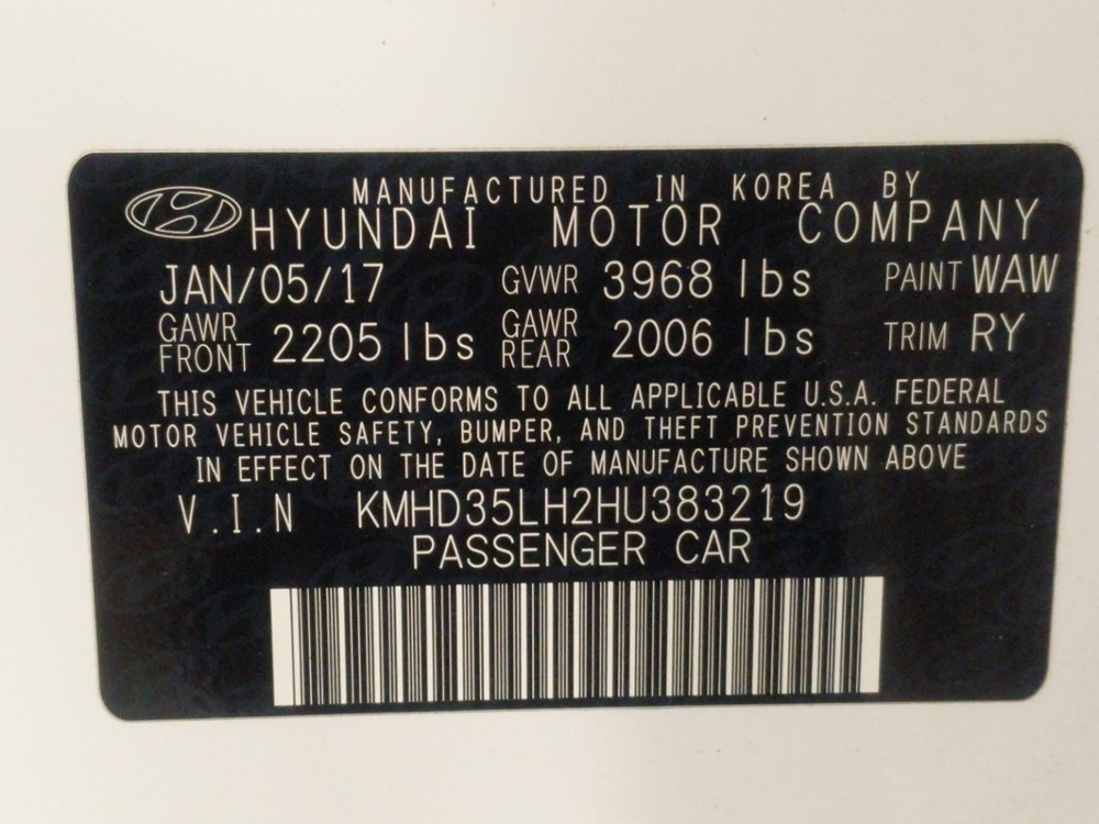 2017 Hyundai Elantra - VIN Plate