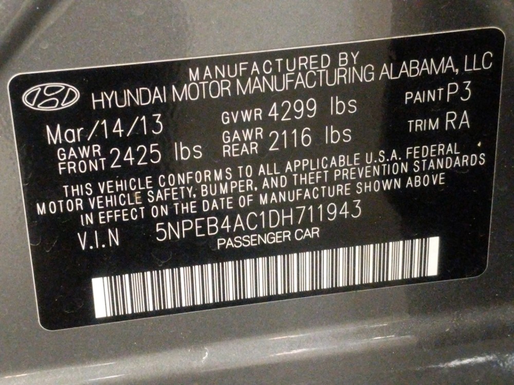 2013 Hyundai Sonata - VIN Plate